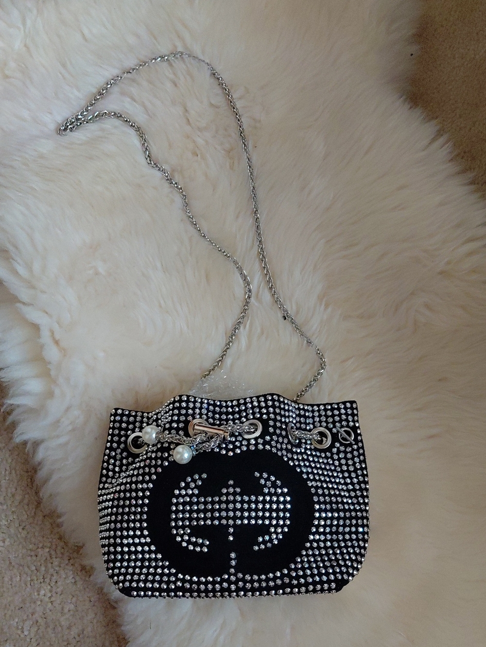 EMBELLISHED Silver Rhinestone Pearl GG Mini Satchel Evening Bag